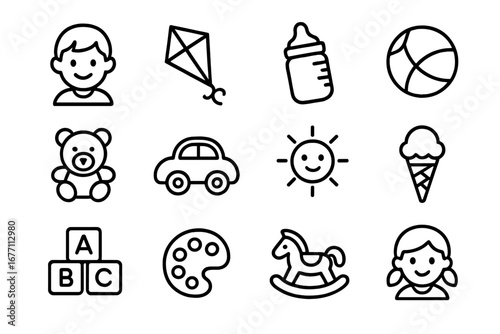 Childhood and babyhood outline icon set. Kid and children toy collection. Vector line art with editable stroke. Includes teddy bear, rocking horse, toy car, kite and blocks.
