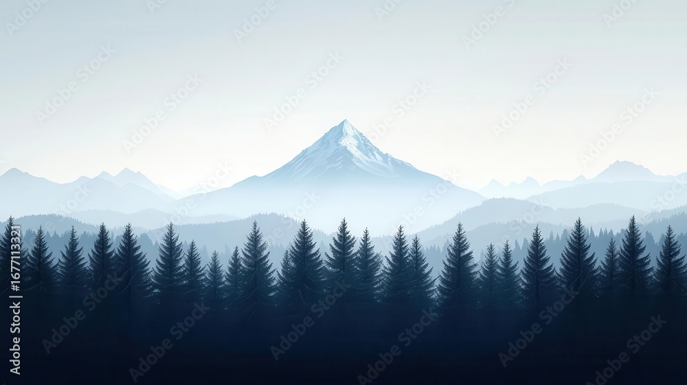 Fototapeta premium Silhouetted pine forest leading to snow peak, minimalist alpine layers
