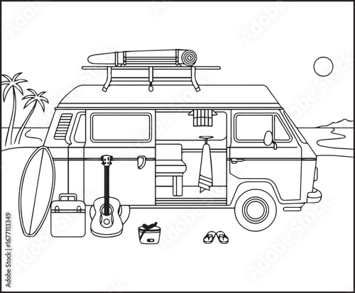 Hello summer beautiful car with vacation elements vector outline coloring page for kids and adults 