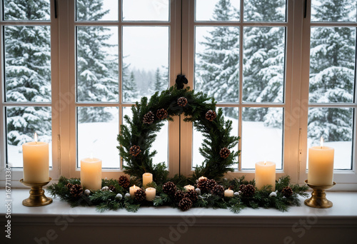 Photo Evergreen wreath with candles on the windowsill in front of a winter scene