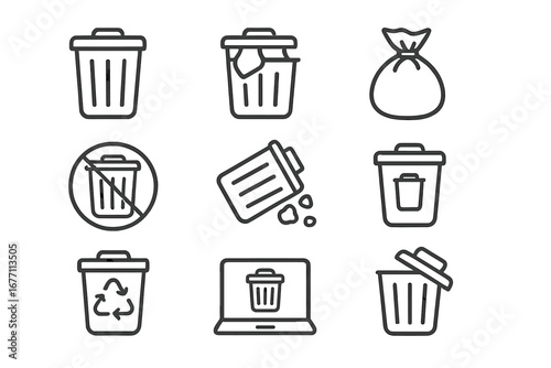 Trash can line icon set for waste management. Includes garbage bag, recycling symbol, delete button, and no littering sign. Vector outline illustration for ecology & disposal concepts.