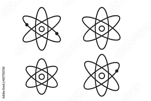 Atom icon set. Science symbol collection. Thin line vector illustration of nuclear energy, physics, chemistry research. Editable stroke for web, app design. Molecule particle concept.