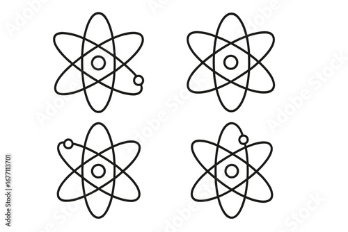 Atom icon set. Science symbol collection. Line art vector illustration of atomic structure with nucleus and orbiting electrons. Physics, chemistry, and nuclear energy concept.