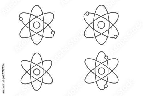 Atom icon set. Science symbol. Physics, chemistry concept. Nuclear energy, particle, molecule. Quantum research. Thin line art vector. Atomic structure. Electron orbit nucleus.