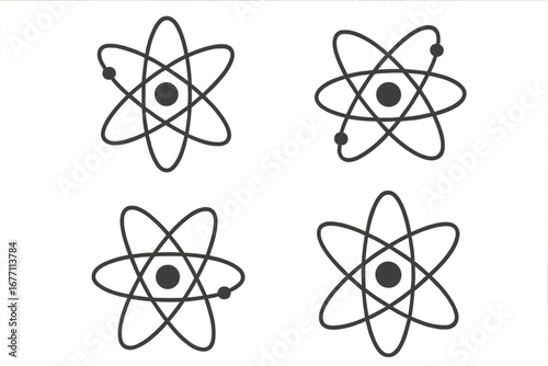 Atom icon set. Physics, chemistry science symbols. Nuclear energy, quantum particle, molecular structure. Nucleus, electron orbit. Minimalist line art. Editable stroke vector.