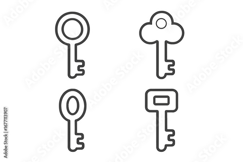Set of Four Thin Line Door Keys Icons Collection, Editable Stroke Vector Illustration for Web, Books, Cards, Apps, Transparent Background, Cartoon Style Key Designs