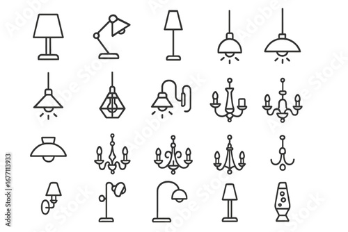 Lamps and Chandeliers Line Icons Set for Websites, Books, Cards, and Apps, Editable Stroke Vector Cartoon Illustrations of Various Lighting Fixtures for Digital and Print Design