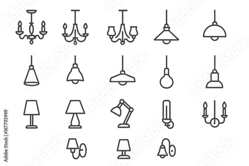 Set of Thin Line Lamps and Chandeliers Icons, Editable Stroke Vector Illustration for Websites, Books, Cards, Apps with Transparent Background, Lighting Symbols Collection