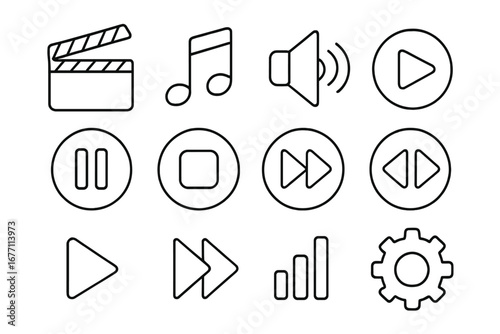 Media Player Line Icon Pack, Modern Vector Collection for Web Design, Apps, UI, and Digital Cards, Includes Clapperboard, Music Note, Speaker, Play, Pause, Stop, Fast Forward, Rewind, Settings Symbols