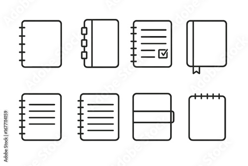 Notebook and Book Icon Set for Notes and Writing, Editable Stroke Vector Illustrations for Websites, Books, Cards, and Apps with Transparent Background, Cartoon Style