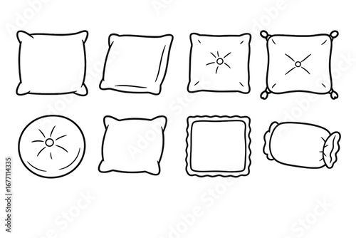 Pillow and Cushion Outline Icon Collection, Editable Stroke Vector Set for Infographics, Articles, Books, Flyers, Banners, Cartoon Style Cozy Home Decor Illustrations Transparent