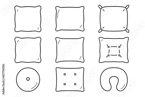 Pillow and Cushion Outline Icon Collection with Editable Stroke for Infographics, Articles, Books, Flyers, Banners – Vector Cartoon Illustration Set of Different Pillow Shapes and Styles
