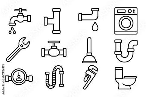 Plumbing Outline Icon Collection with Editable Stroke, Perfect for Infographics, Articles, Books, Flyers, Banners, Vector Cartoon Illustrations of Faucet, Pipes, Tools, and Fixtures