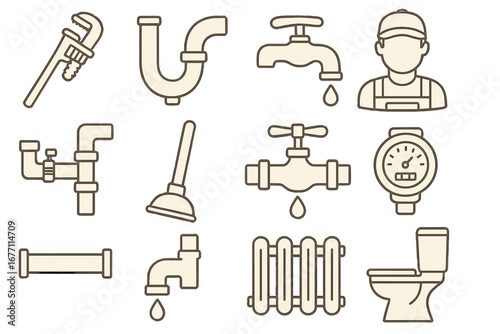 Plumbing Tools and Fixtures Collection, Editable Stroke Vector Icons with Transparent Background for Infographics, Articles, Books, Flyers, and Banners, Cartoon Style Illustration