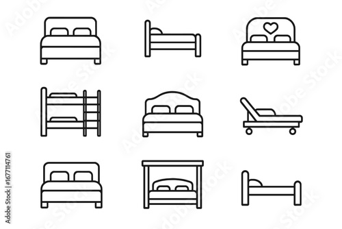 Bed icon set. Simple furniture outline collection. Vector symbols of double, single, bunk beds for sleep, rest, bedroom concepts. Linear pictogram with editable stroke.