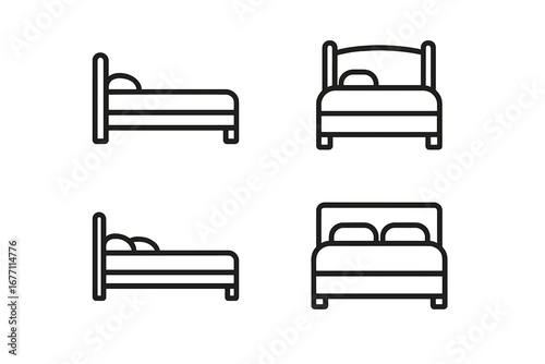 Bed icon set with editable stroke. Thin line art vector symbols for sleep, rest, and bedroom furniture. Single and double bed outlines for hotel, motel, hostel or app design.