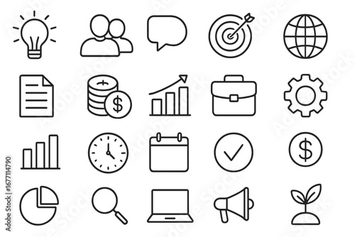 Related Image Collection with Editable Stroke Lines for Infographics, Articles, Books, Flyers, Banners, and Presentations. Vector Cartoon Style Icons with Transparent Background and Business Elements