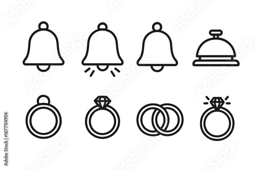Ring and Bell Outline Icon Collection, Editable Stroke Vector Set for Infographics, Articles, Books, Flyers, and Banners, Cartoon Style Transparent Design