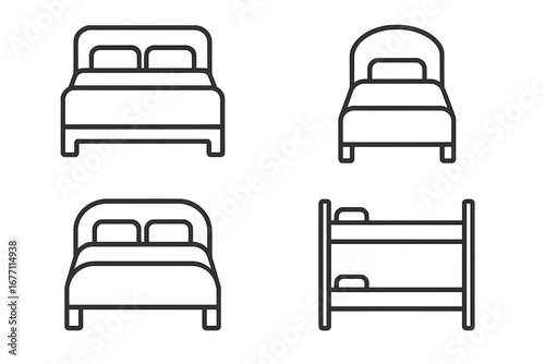 Bed icon set. Thin line furniture collection. Vector symbols for sleep, rest, bedroom decor. Includes double, single, and bunk beds. Editable stroke for web and mobile apps.