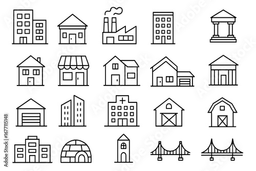 Building and real estate thin line icon set bundle. Vector graphics includes house, home, office, factory, hospital, bank, store, bridge, barn. Editable stroke outline icons.