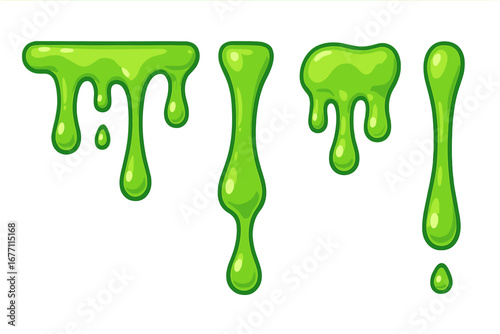 Green slime drips. Gooey liquid drops. Vector cartoon illustration set. Dripping toxic waste, radioactive ooze. Isolated on transparent background. Halloween border design element.