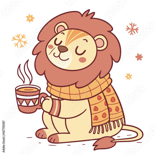 Cute Peaceful Lion, accessorized with wearing a cape, in a Christmas world – Warm Cozy palette vector