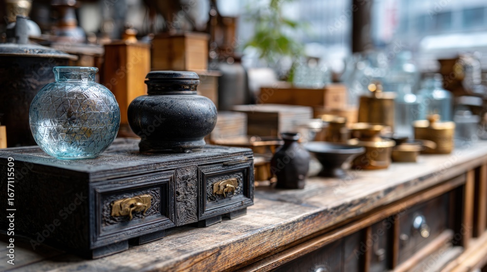 Fototapeta premium Antique decorative items displayed on a rustic wooden counter in a shop.