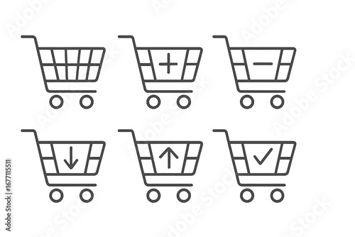 Editable Shopping Cart Icon Set with Plus, Minus, Arrow, and Check Symbols for Web, Apps, Books, Cards, Vector Cartoon Illustrations with Transparent Background