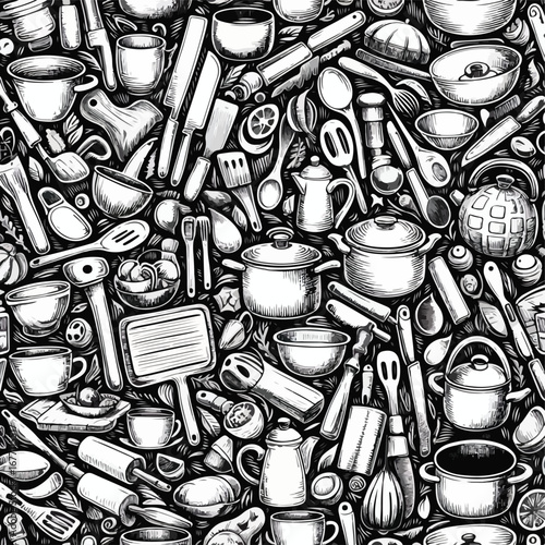 Seamless kitchen doodle pattern, hand-drawn style, black and white sketch illustration set of kitchen utensils