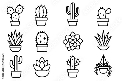 Cactus and succulent icon set. Houseplant and potted plant vector collection. Linear icons with editable stroke for web design, apps, UI, UX, and modern infographics.