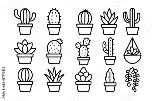Cactus and succulent line icon set. Vector illustration of potted desert houseplants. Minimalist outline icons for web design, apps. Editable stroke plant symbol collection.