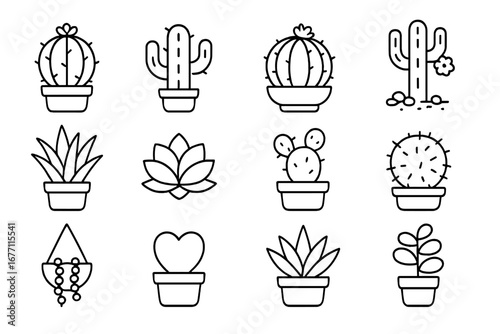 Cactus and succulent simple line icon set. Minimalist potted houseplant collection. Vector outline symbols of desert plants like aloe, saguaro. Editable stroke for web design.