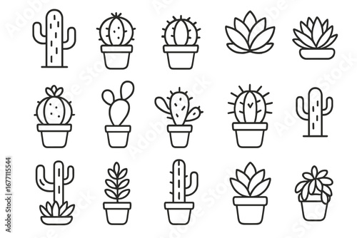 Cactus and succulent plant icon set. Vector line art collection of desert houseplants like saguaro, prickly pear, and aloe. Minimalist outline symbols with editable stroke.