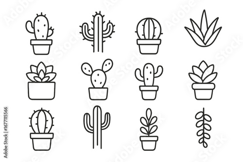 Cactus and succulent thin line icon collection. Vector set of desert plants in pots. Houseplant outline symbols for web, apps, and print. Editable stroke cartoon illustration.