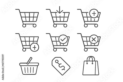 Shopping Cart Set of Thin Editable Stroke Icons, Vector Cartoon Illustration, Transparent Background, E-commerce, Online Shopping, Web, Apps, Books, Cards Design Elements