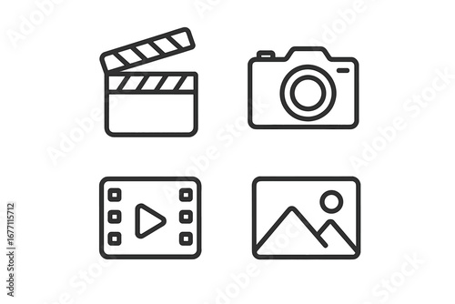 Movie clapperboard, photo camera, video player, picture line icon set. Minimalist outline symbols for cinema, filmmaking, photography. Editable stroke vector pictograms for web.