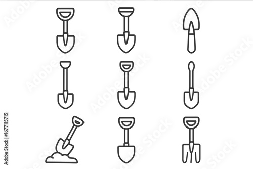 Set of Thin Line Shovel Icons with Editable Stroke, Vector Cartoon Illustrations for Web, Books, Cards, Apps, Transparent Background, Gardening, Construction Tools Collection
