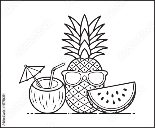 Hello summer with beautiful pineapple and delicious juice vector outline coloring page for kids and adults 
