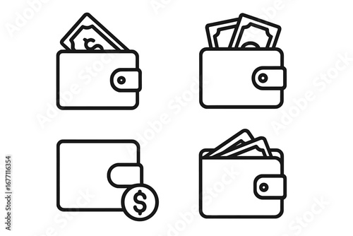 Wallet for Money Outline Icon Collection, Editable Stroke, Perfect for Infographics, Articles, Books, Flyers, Banners, Vector Cartoon Illustration of Cash, Finance, Banking Concepts