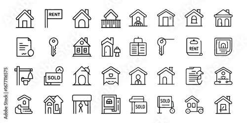 Real Estate Line Icon Set. Home loan, containing realty, mortgage and more. Vector modern illustration. Editable stroke.