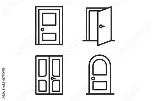 Door icon set for UI, web design, and mobile apps. Vector line icons of entrance, exit, open and closed doors. Editable stroke pictogram collection for websites and books.