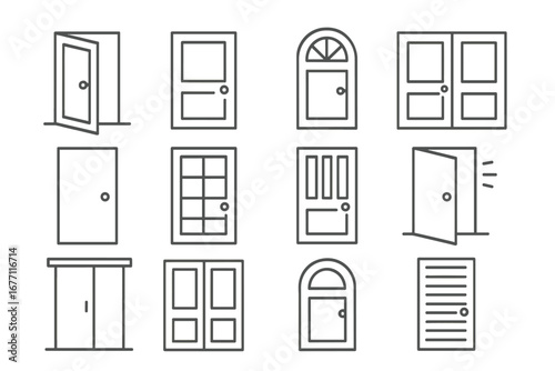 Door line icon set. Collection of simple outline symbols for entrance and exit. House architecture graphic elements. Minimalist pictogram pack. Editable stroke vector icons.