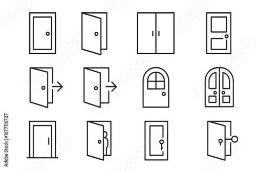 Door line icon set. Open, closed, and exit doors for web and app design. Vector symbols for entrance, opportunity, security, and home. Editable stroke pictogram collection.