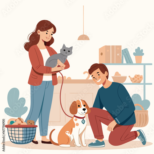 Vector art of a loving family moment with a woman holding a cat and a man petting a dog, showcasing the joy and companionship of pets at home