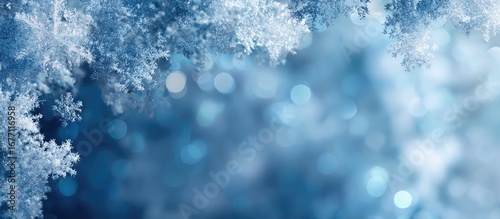Frosted branches against a soft blue winter backdrop