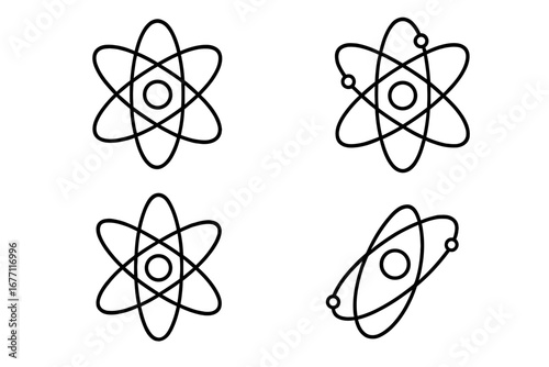 Isolated atom and orbit icon collection, thin stroke editable vector set for web, apps, books, cards, science symbols, atom model illustrations, cartoon style