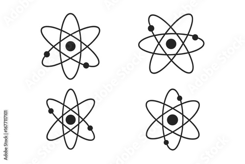 Isolated atom orbit icon set, editable stroke vector illustrations, scientific atomic models, chemistry symbols for web, books, cards, educational apps, transparent background