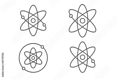 Isolated atom orbit outline simple linear icon collection, editable stroke vector cartoon illustration for web design, apps, books, digital cards, science concept