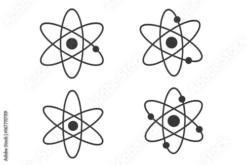 Isolated atom orbit icons set with thin editable strokes, vector cartoon illustration for web, books, cards, apps, science and technology design elements, transparent background
