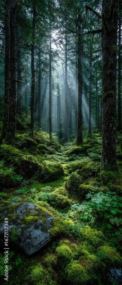 Fototapeta premium Sunlight streams through a mystical forest, bathed in mossy green
